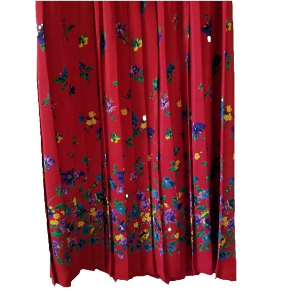 Leslie Fay Petite Vtg Red Purple Floral Belted Pleated Midi Dress Sz 10 Modest - Picture 7 of 10